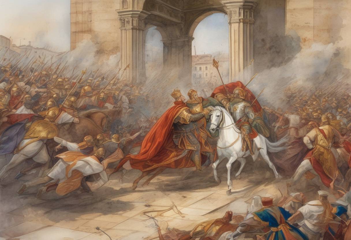 Watercolor painting based depiction of Pope Leo III is attacked by a mob in Rome, leading to his flight to Charlemagne for protection. (799)