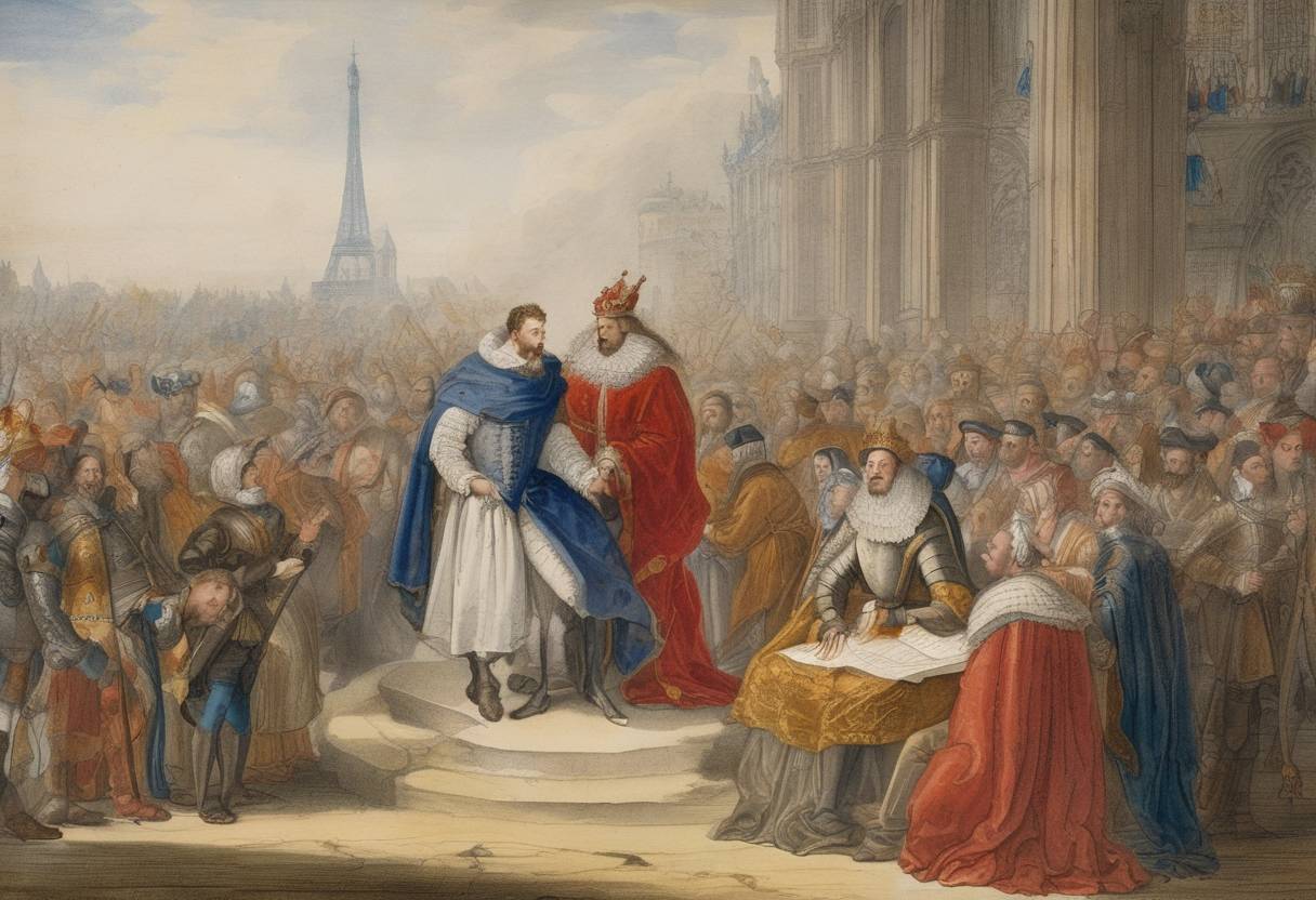 Watercolor painting based depiction of Henry IV of France issued the Edict of Nantes, which granted a measure of religious freedom to Huguenots. (1600)