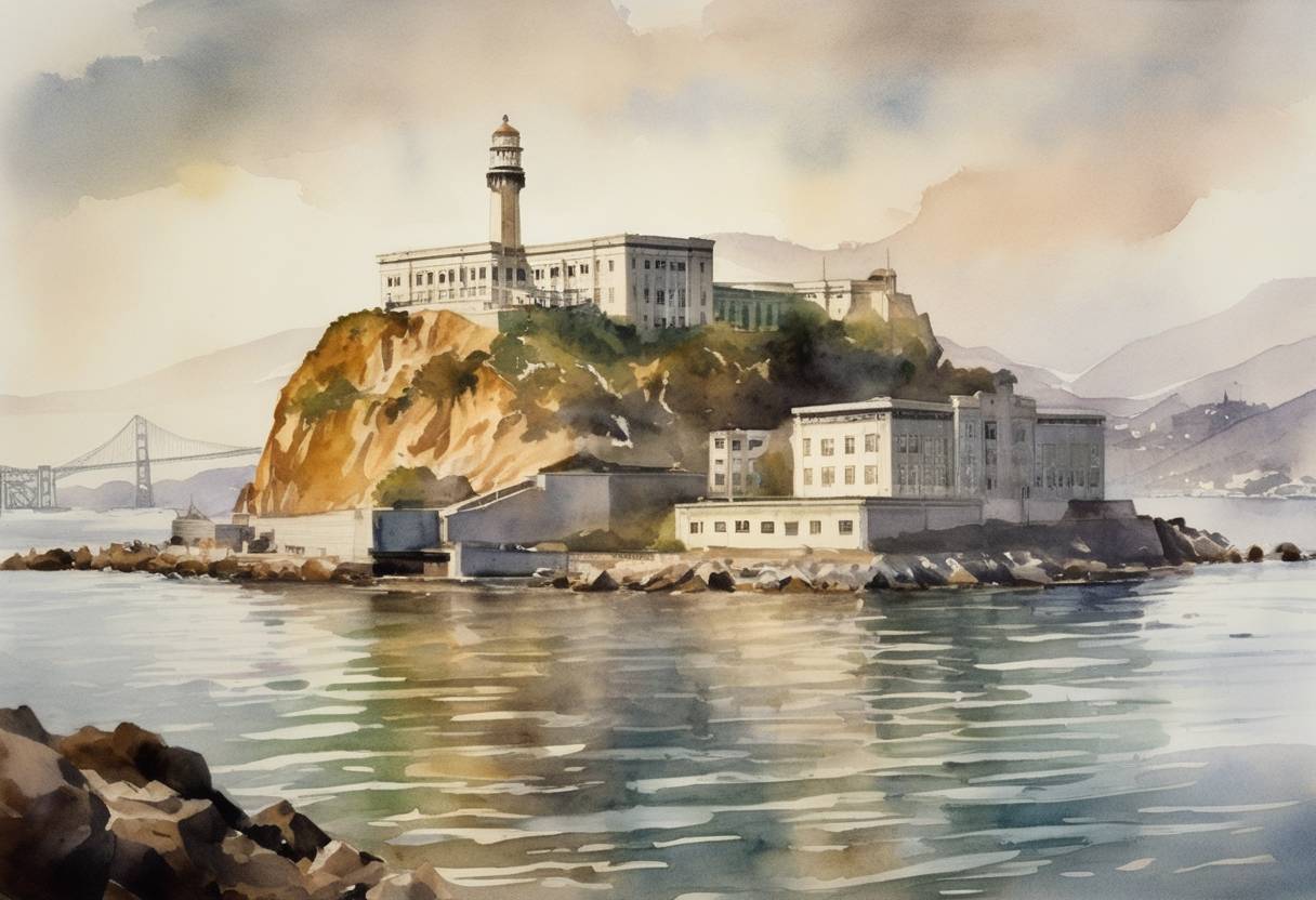 Watercolor painting based depiction of Alcatraz Island became a United States federal prison, known for housing some of the most dangerous criminals. (1934)