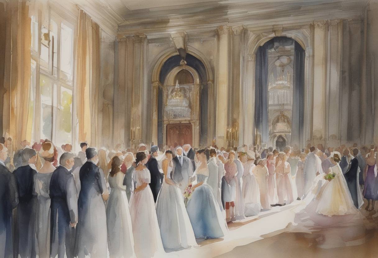 Watercolor painting based depiction of The national referendum in Denmark resulted in the approval of the Act of Succession, allowing Danish monarchs to marry commoners and women to inherit the throne equally with men. This act was significant in updating the monarchy to better align with modern ideals of equality. (2010)