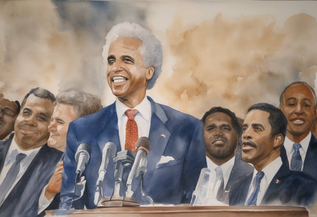 Watercolor painting based depiction of Douglas Wilder wins the Virginia gubernatorial election, becoming the first African American elected as governor in the United States. (1989)