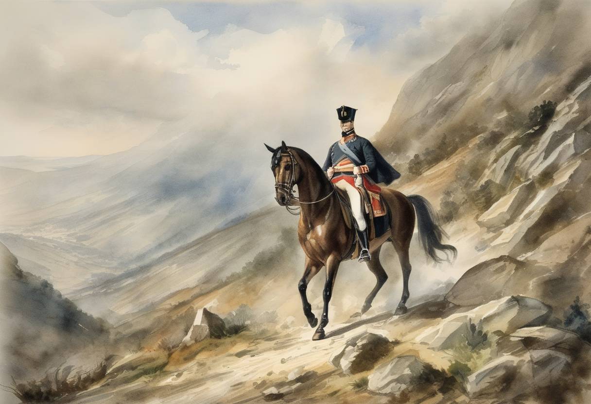 Watercolor painting based depiction of The Duke of Wellington ascends the Valdemaqueda Pass during the Peninsular War. (1812)