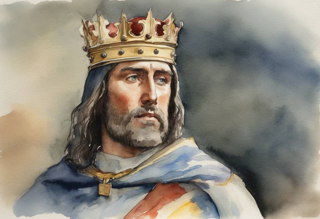 Watercolor painting based depiction of Robert the Bruce was crowned King of Scots at Scone, marking a significant step towards Scottish independence from English rule. His reign became a central part of the Wars of Scottish Independence. (1306)