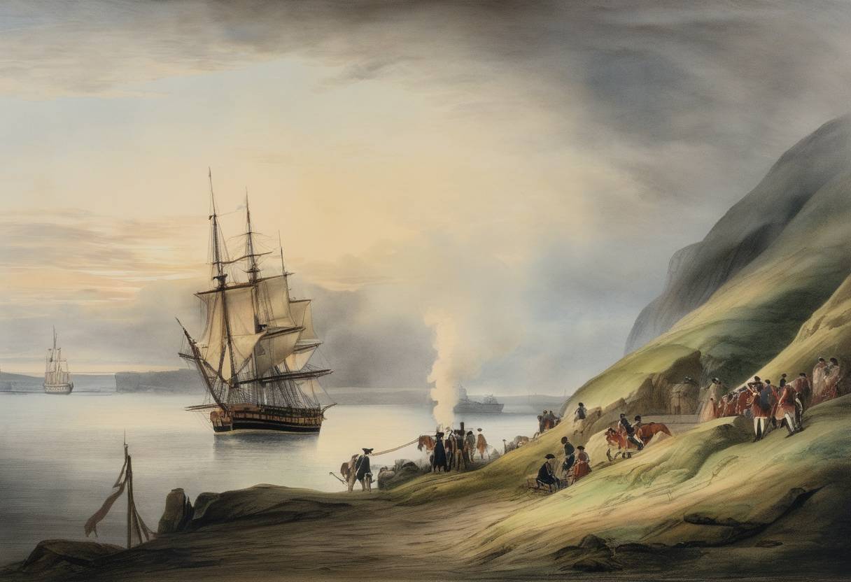 Watercolor painting based depiction of The Treaty of Kiel was signed, effectively ending the hostilities between the United Kingdom and the Kingdom of Denmark-Norway. The treaty ceded Heligoland and the Faroe Islands to the UK and Norway to the King of Sweden, Carl XIII. (1814)