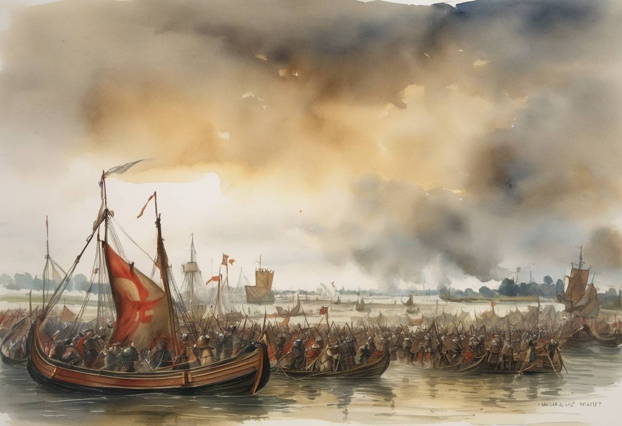 Watercolor painting based depiction of The Battle of Maldon takes place in Essex, England. Viking forces clashed with the English, led by Earl Byrhtnoth, in one of the period's notable early medieval battles. Despite being outnumbered, the English provided significant resistance before being defeated. (991)