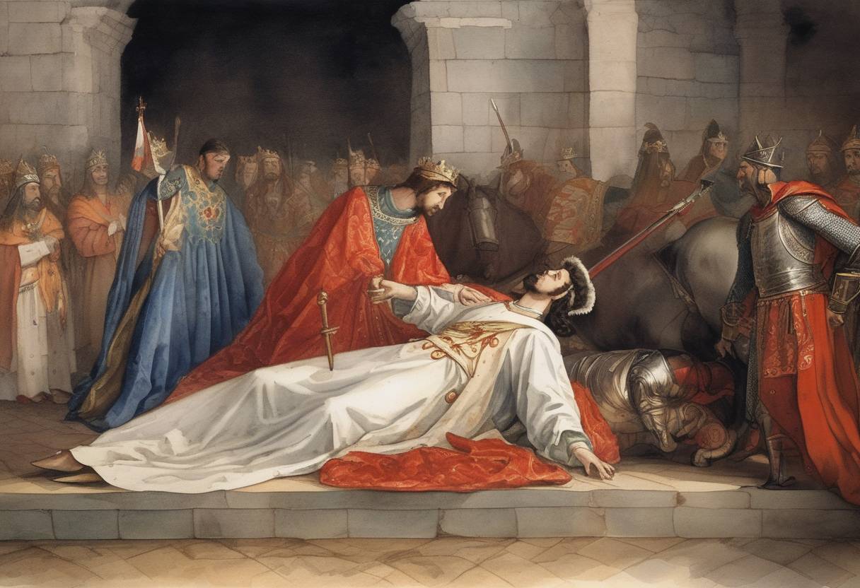Watercolor painting based depiction of Pedro the Cruel, King of Castile, is assassinated by his half-brother Henry of Trastámara. (1369)
