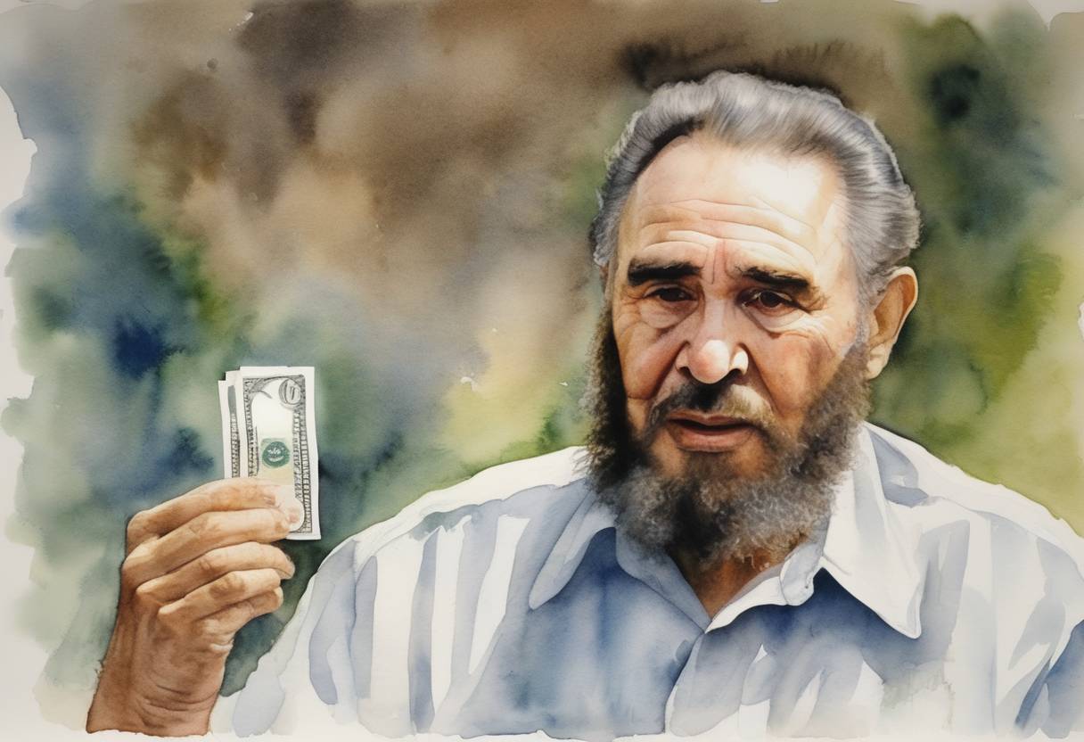 Watercolor painting based depiction of Fidel Castro, the long-time leader of Cuba, announced an end to the use of the U.S. dollar in the country. This decision was a response to tightening U.S. restrictions on Cuba. Castro stated that the Cuban convertible peso would replace the dollar in domestic transactions. (2004)