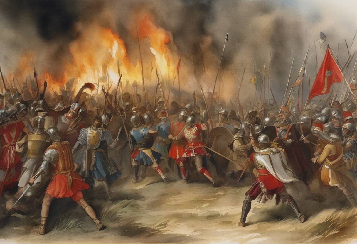 Watercolor painting based depiction of The Sicilian Vespers rebellion against Charles of Anjou leads to the massacre of thousands of French inhabitants in Sicily, marking the beginning of the War of the Sicilian Vespers. (1282)