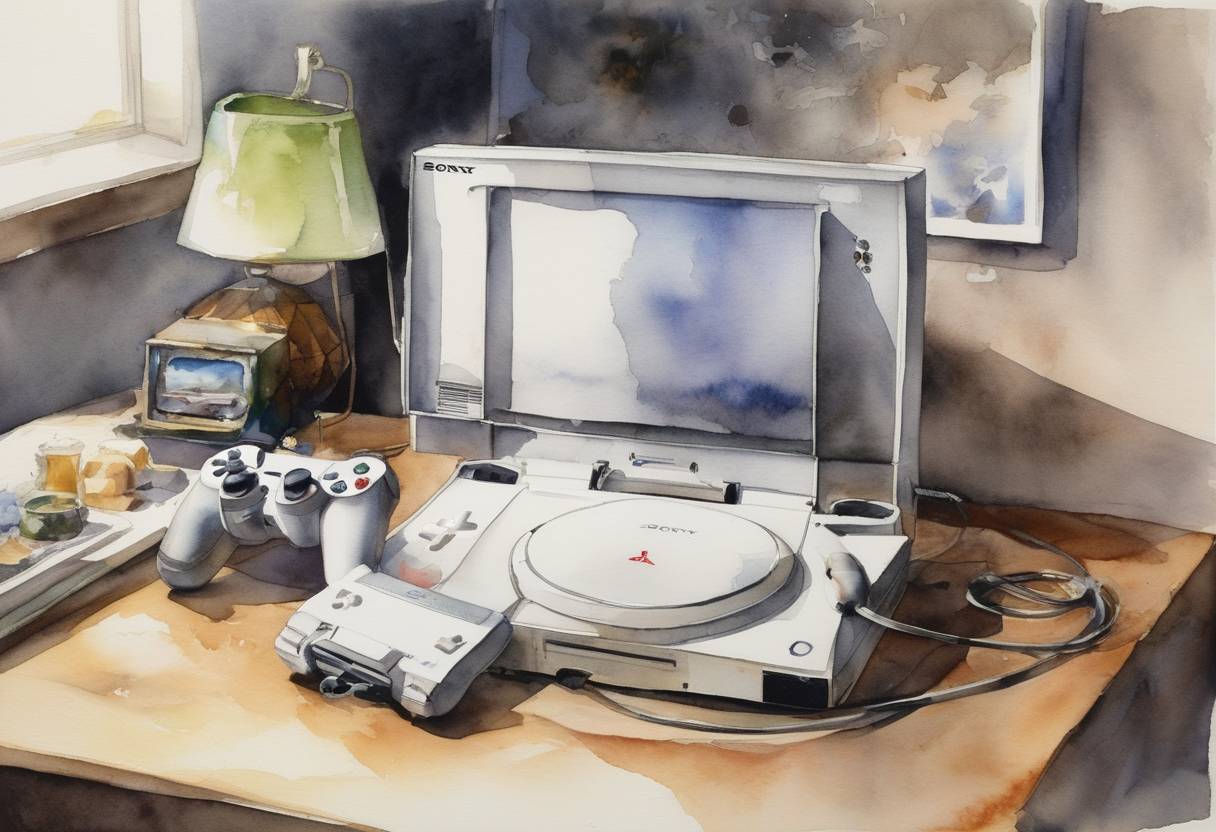 Watercolor painting based depiction of Sony made a significant announcement regarding their gaming console, revealing the PlayStation Suite, an initiative to bring PlayStation content to Android devices. (2011)