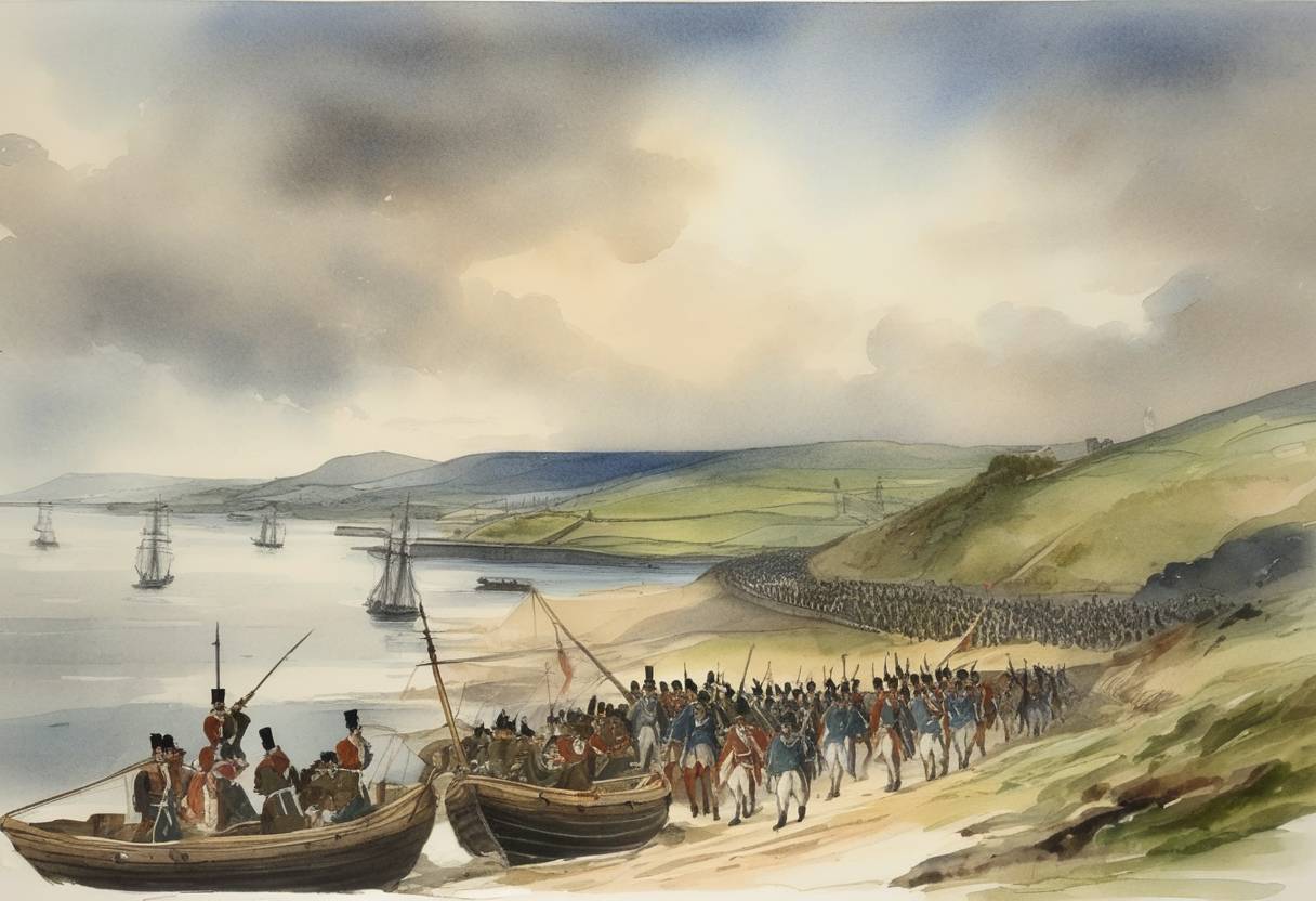 Watercolor painting based depiction of French troops land at Killala Bay as part of an ill-fated attempt to support the Irish Rebellion of 1798. (1798)