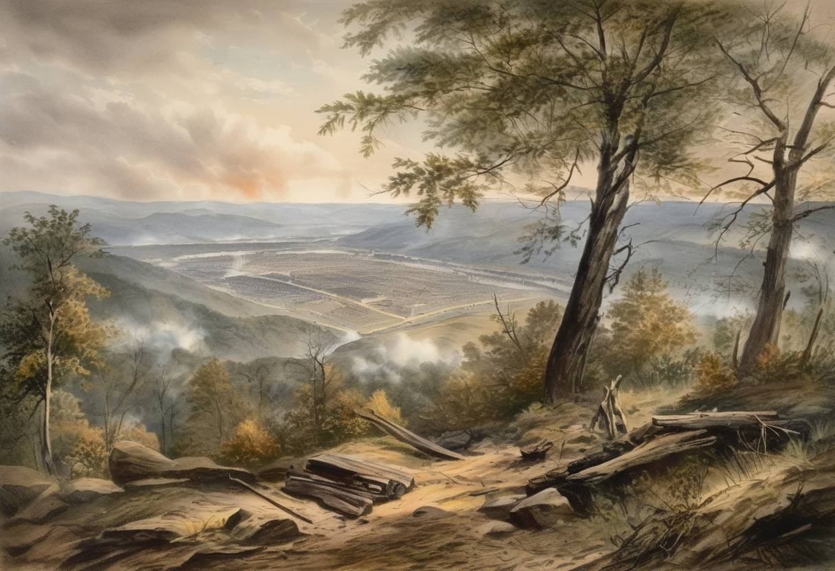 Watercolor painting based depiction of The Battle of Missionary Ridge took place as part of the Chattanooga Campaign during the American Civil War, where Union forces led by General Ulysses S. Grant defeated Confederate troops under General Braxton Bragg. (1863)