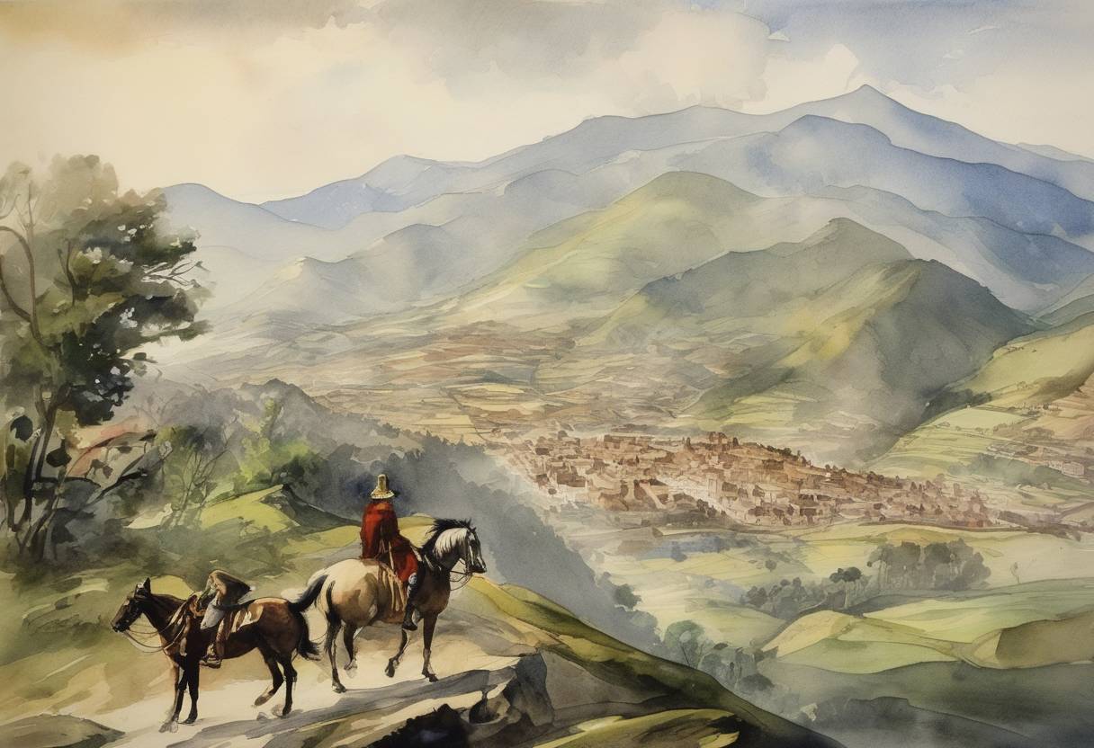 Watercolor painting based depiction of The Spanish conquistador and explorer Sebastián de Belalcázar founds the city of Pasto. (1634)