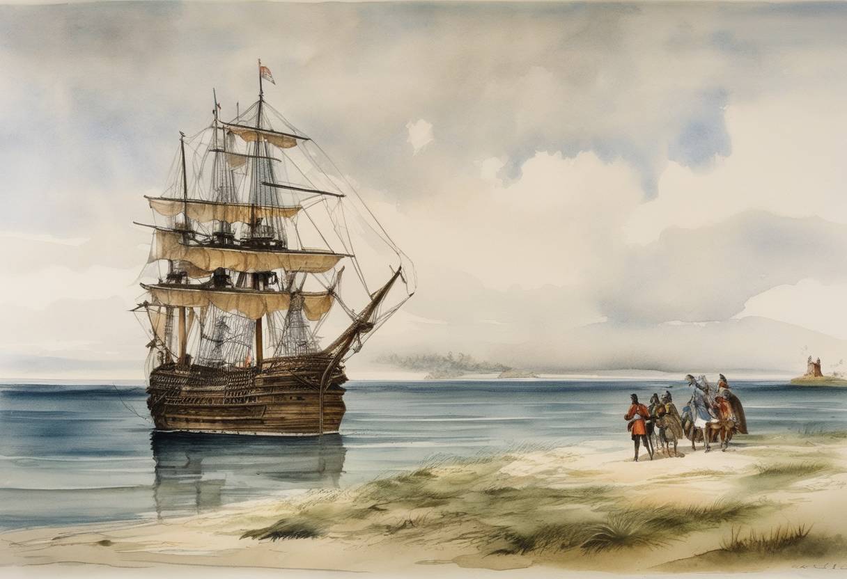 Watercolor painting based depiction of Spanish explorer Juan Ponce de León lands on the peninsula later named Florida, claiming it for Spain. (1513)