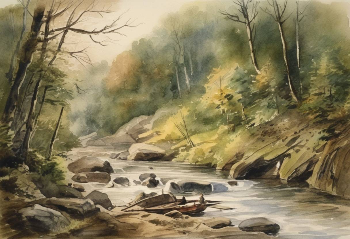 Watercolor painting based depiction of Daniel Boone begins exploring the area now known as Kentucky. (1769)