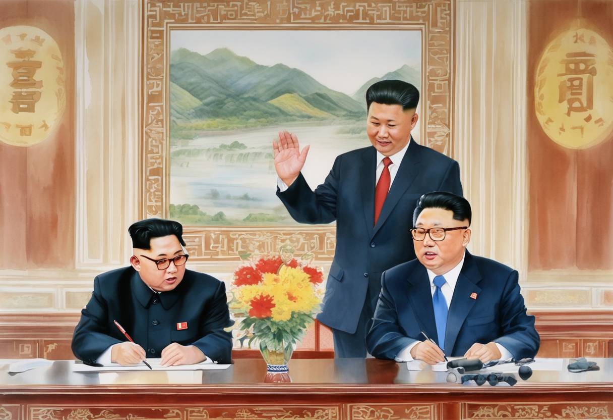Watercolor painting based depiction of South Korean President Kim Dae-jung and North Korean leader Kim Jong-il sign the June 15th North-South Joint Declaration, the first inter-Korean summit since the Korean War. (2000)