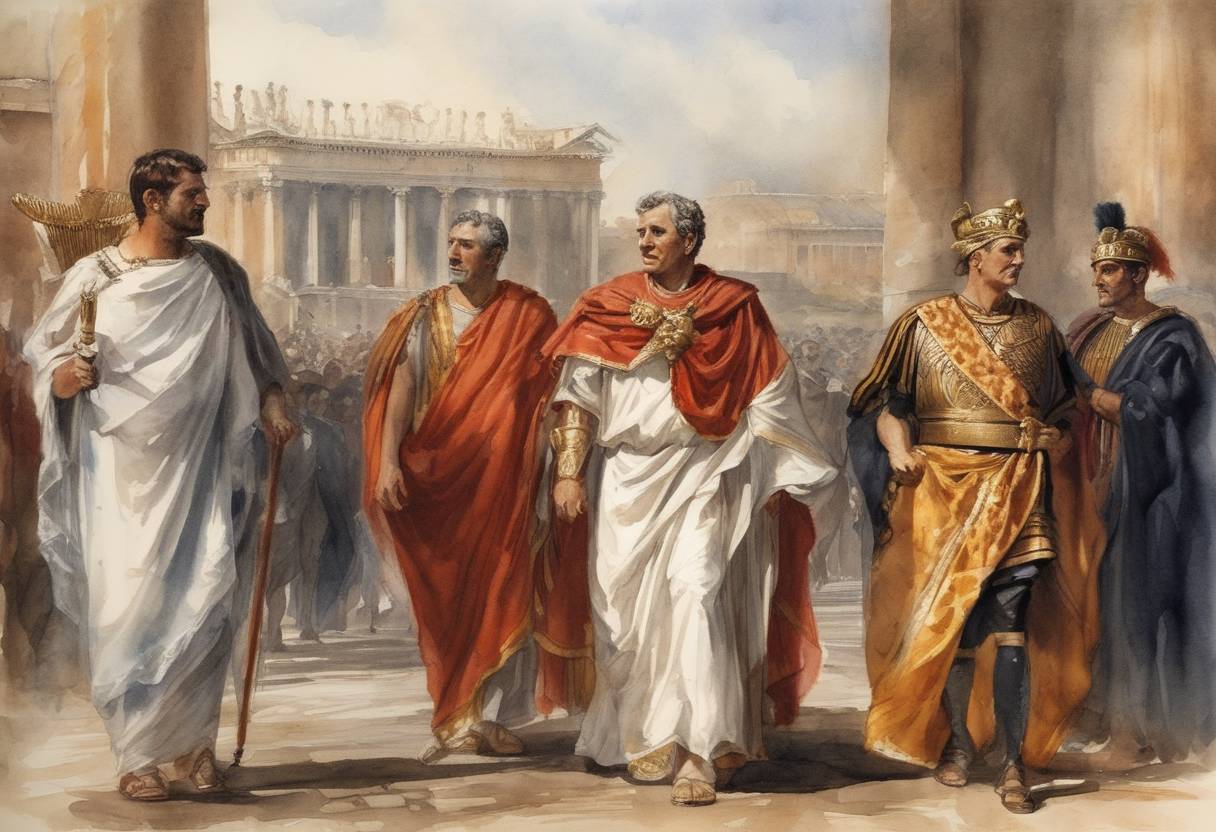 Watercolor painting based depiction of The Lex Titia was enacted, formally creating the Second Triumvirate in Rome. This agreement was between Octavian, Mark Antony, and Marcus Aemilius Lepidus, giving them power equivalent to dictators to restore the Roman Republic. (43)
