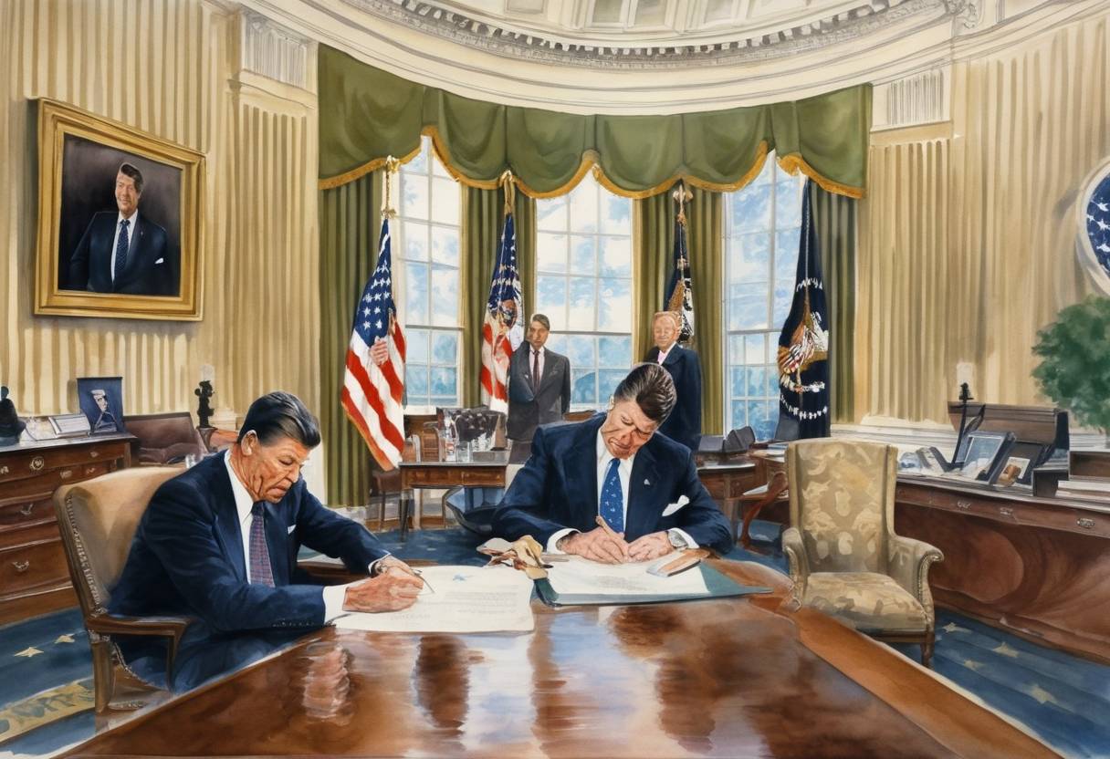Watercolor painting based depiction of President Ronald Reagan signed the Executive Order 12333, which extended powers of the United States intelligence services on intelligence collection in foreign nations. (1981)