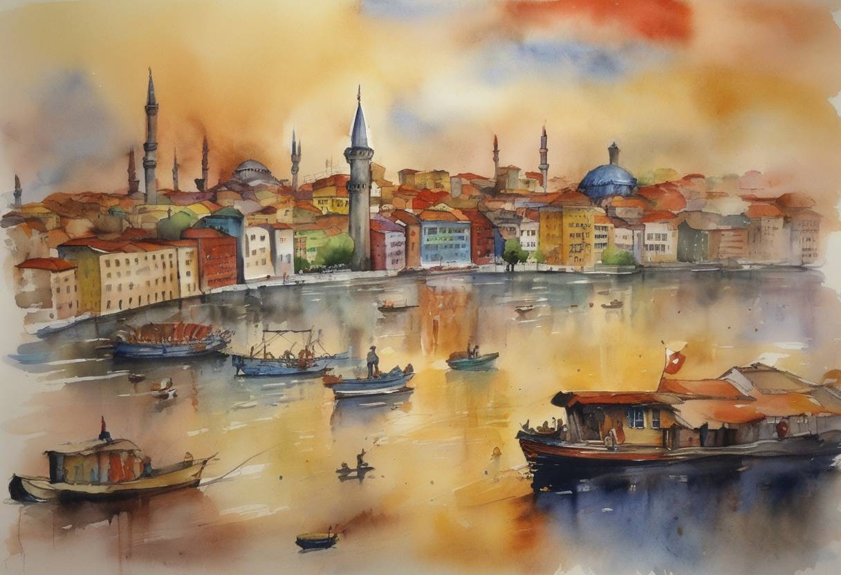 Watercolor painting based depiction of Over 100 countries gather in The Hague for the first UN Conference on Human Settlements (Habitat I), focusing on addressing issues related to human settlements and urbanization. (1996)