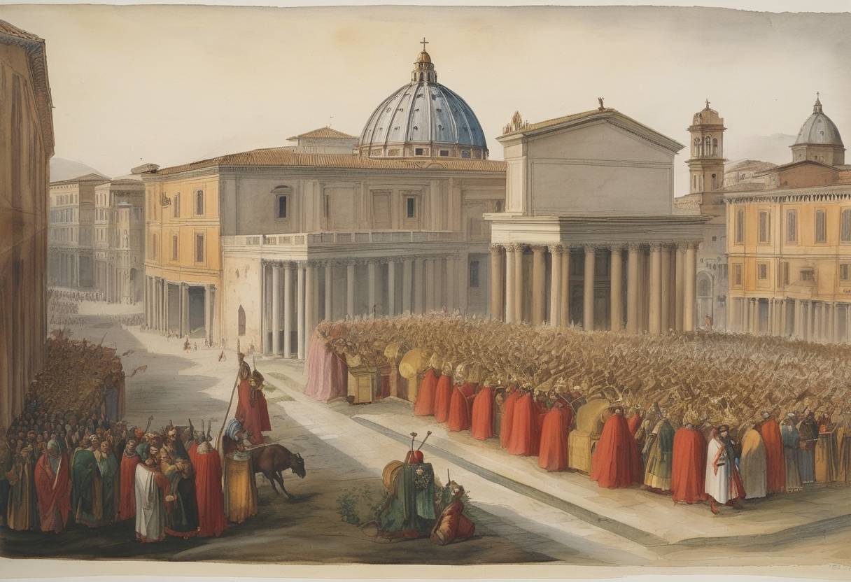 Watercolor painting based depiction of On January 31, 1377, Pope Gregory XI issued the bull 'Salvator noster,' which sought to resolve the schism between the Western and Eastern Churches. This papal document aimed to address the theological disputes and jurisdictional conflicts that had arisen between the Roman Catholic Church and the Eastern Orthodox Church, a division that had persisted since the Great Schism of 1054. (1377)