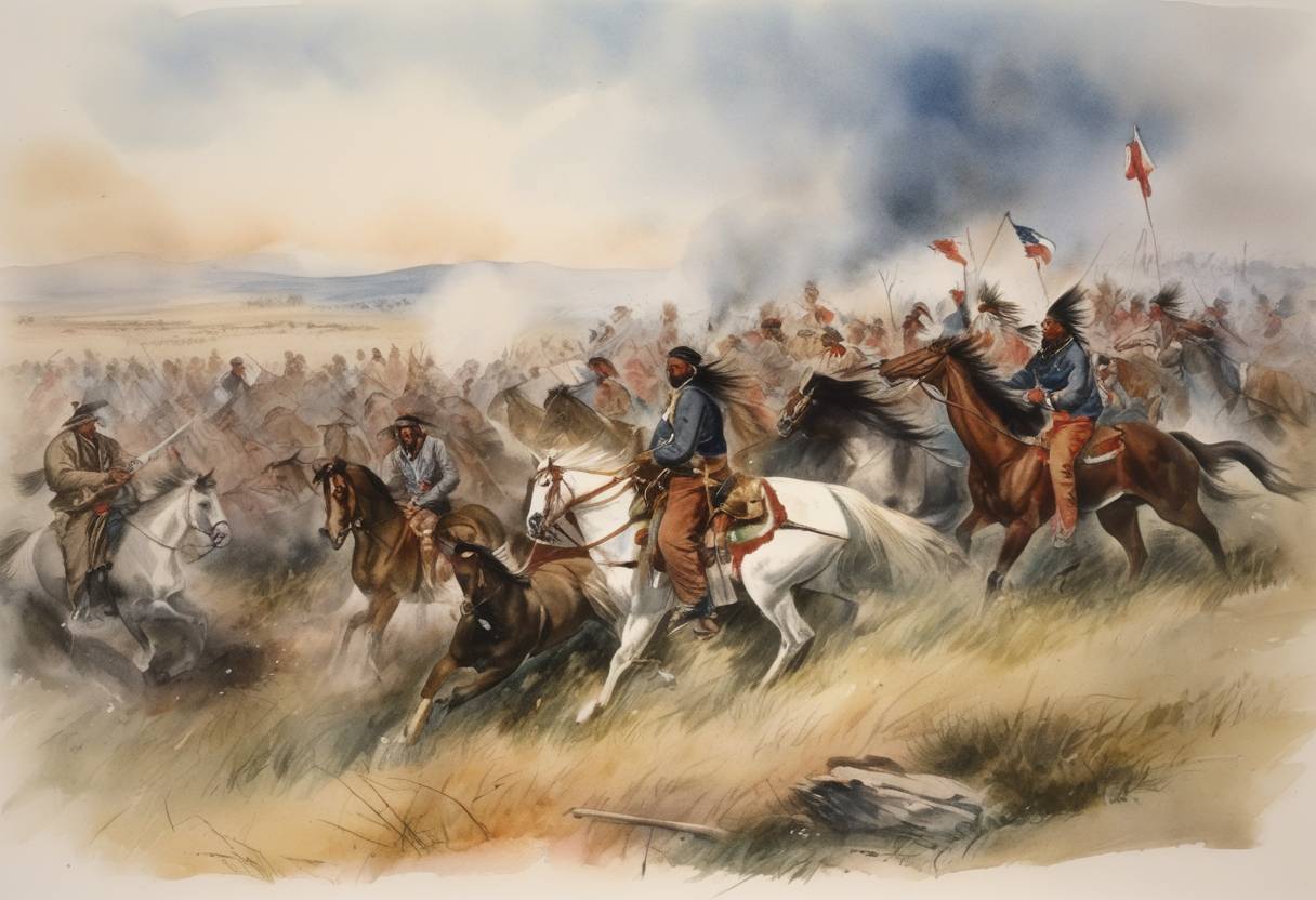 Watercolor painting based depiction of The Battle of the Rosebud was fought between the United States Army and a coalition of Lakota Sioux and Northern Cheyenne warriors. Led by Crazy Horse, the Native American forces successfully prevented General George Crook from joining forces with General Custer's Seventh Cavalry at Little Bighorn. (1876)