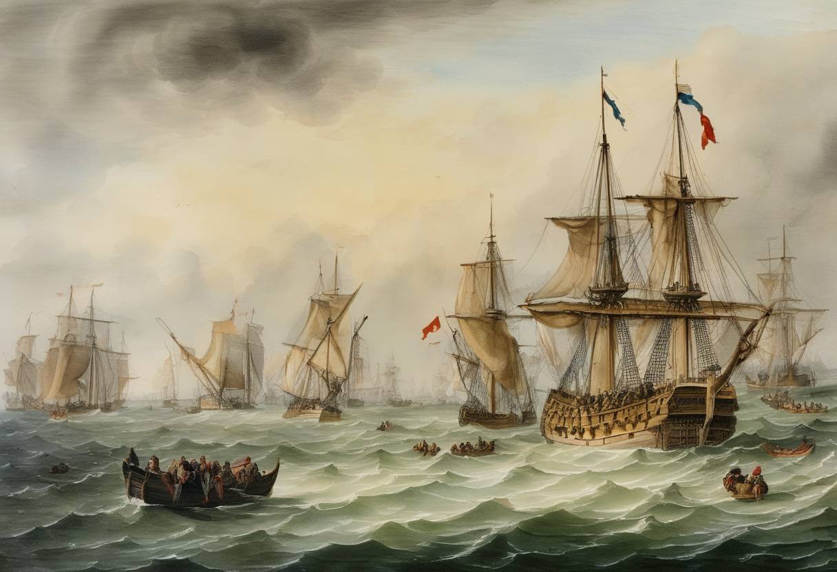 Watercolor painting based depiction of Three hundred colonists bound for New France depart from Dieppe, in what is now France, heading for Canada. This expedition was part of an ongoing effort by France to establish a solid footing in the New World. (1632)