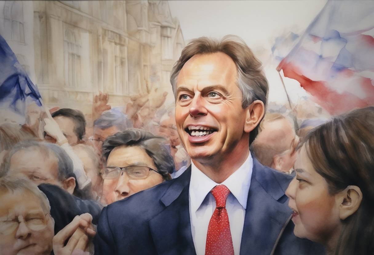 Watercolor painting based depiction of Tony Blair wins a historic third consecutive term as British Prime Minister, leading the Labour Party to victory in the United Kingdom general election. (2005)