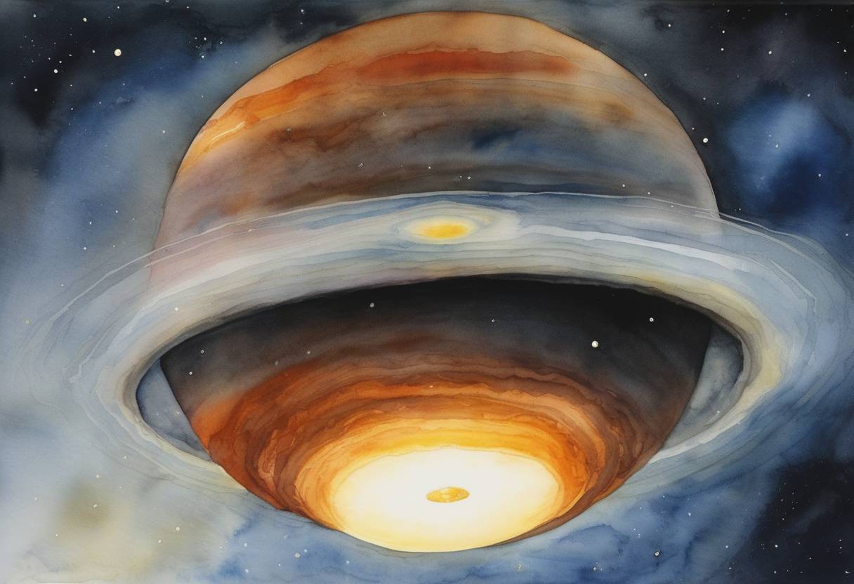 Watercolor painting based depiction of Comet Shoemaker-Levy 9 collided with Jupiter's atmosphere, providing the first direct observation of an extraterrestrial collision of Solar System objects. (1997)