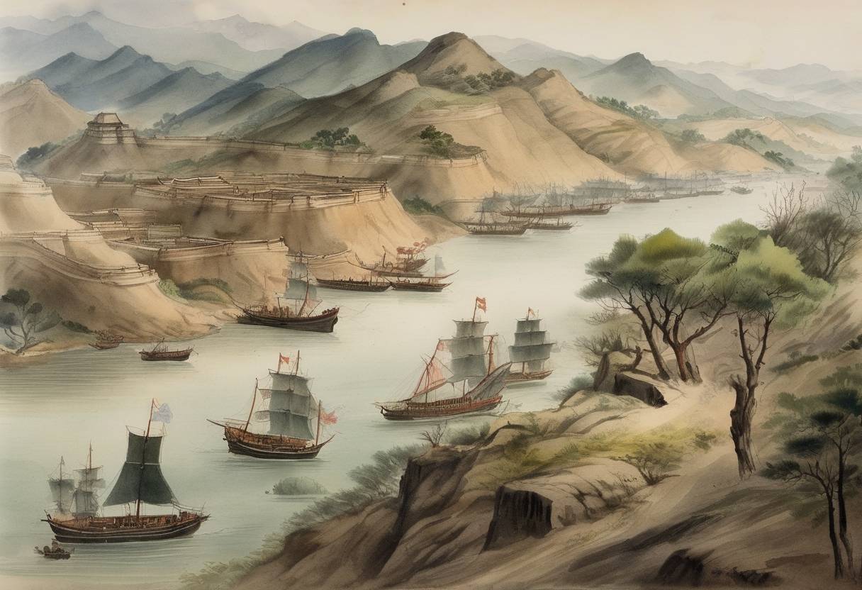 Watercolor painting based depiction of The Second Opium War: The Anglo-French troop commandeered the Taku Forts along the Peiho River, a significant military engagement against Qing dynasty China. (1860)