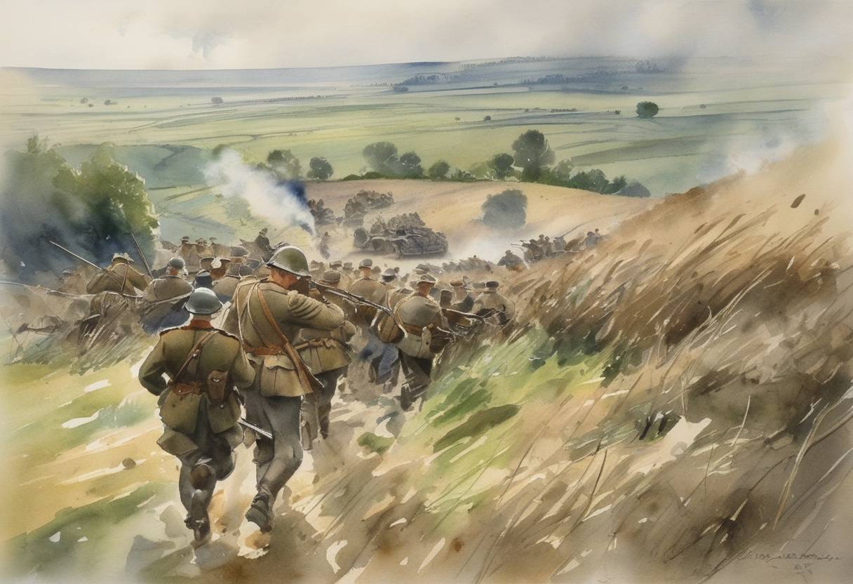 Watercolor painting based depiction of In World War I, the Battle of the Ancre, a British offensive, begins on the Western Front, marking the last major attack of the Battle of the Somme. (1916)