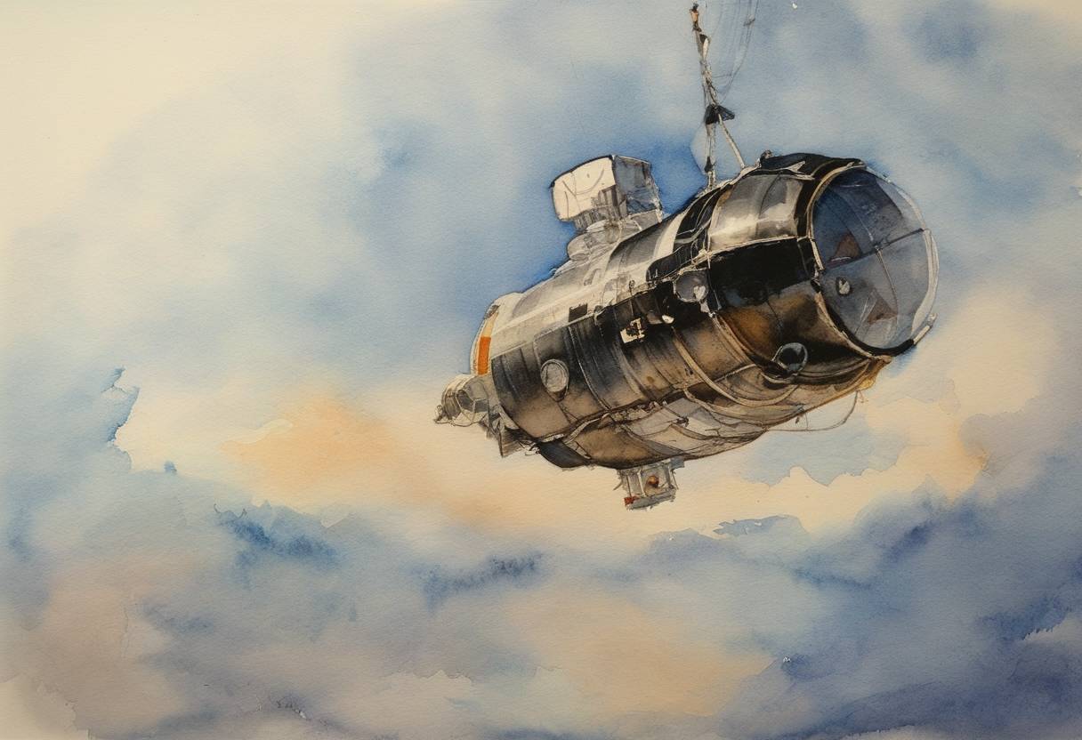 Watercolor painting based depiction of After 84 days in space, the last crew of the Skylab space station returned to Earth. (1974)