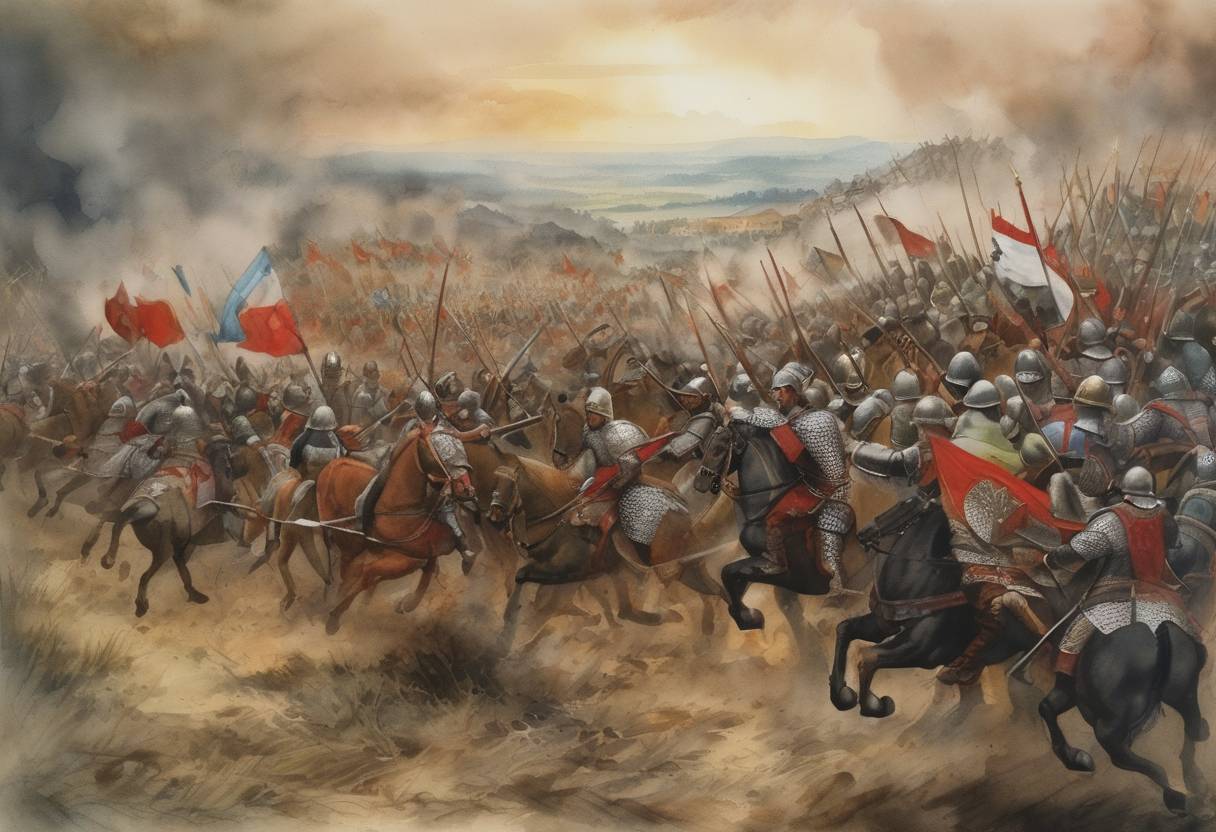 Watercolor painting based depiction of Battle of Velbazhd: A significant medieval battle between the Kingdom of Serbia and the Bulgarian Empire, resulting in a decisive Serbian victory that solidified Serbian power in the Balkans. (1330)