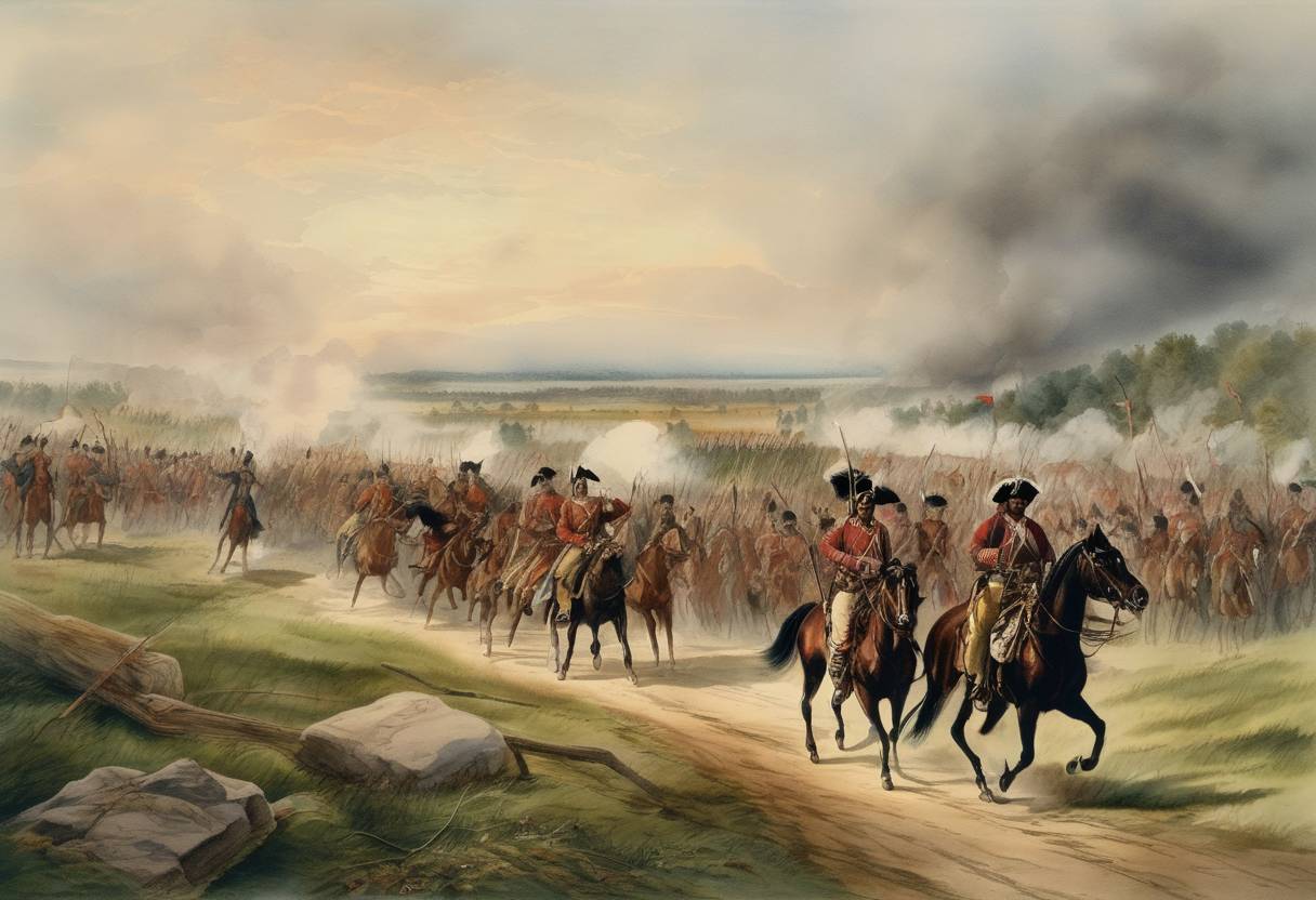 Watercolor painting based depiction of The Black Hawk War begins as Chief Black Hawk enters Illinois with around 1,000 followers to reclaim lost land. (1832)