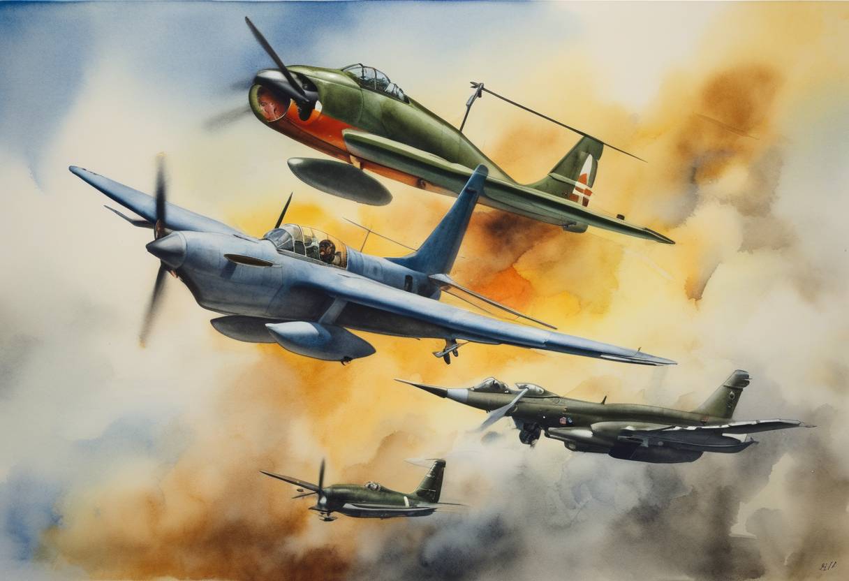 Watercolor painting based depiction of Cuban fighter jets shoot down two U.S. civilian aircraft from the group Brothers to the Rescue, leading to international condemnation. (1996)