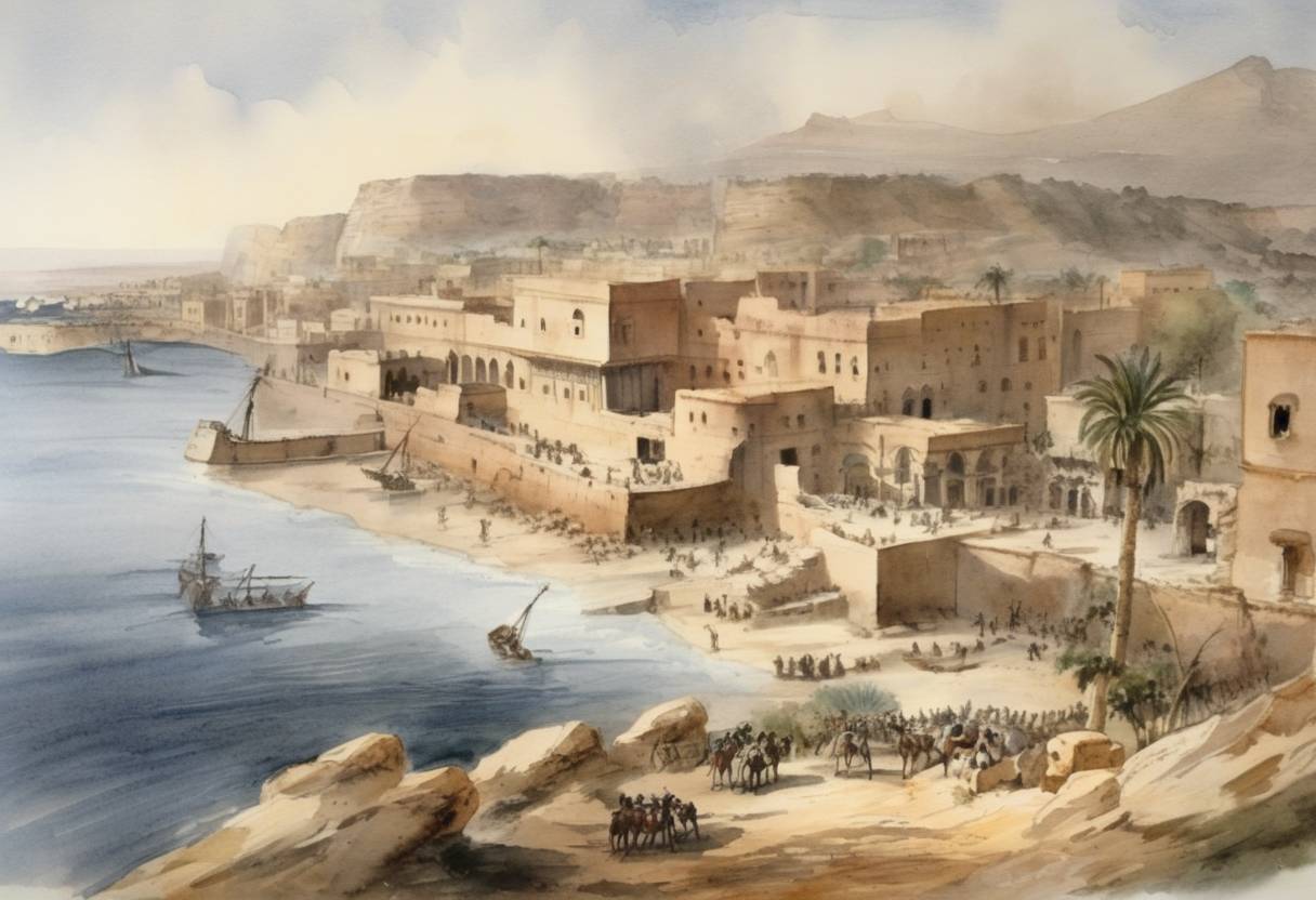 Watercolor painting based depiction of The city of Derna, in present-day Libya, falls to the United States' Marines and Arab mercenaries in the First Barbary War during the Battle of Derna. (1805)