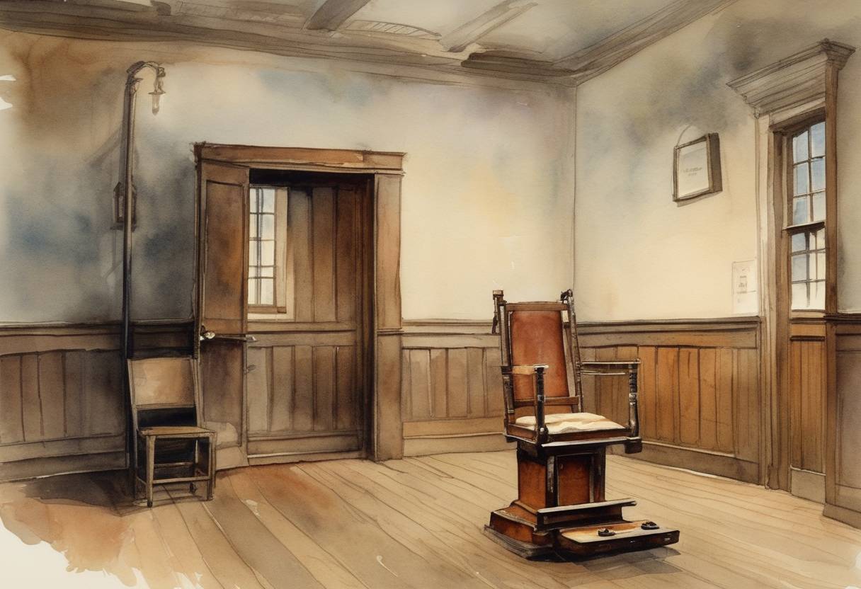 Watercolor painting based depiction of The first electric chair is set up at Auburn Prison in New York. (1890)