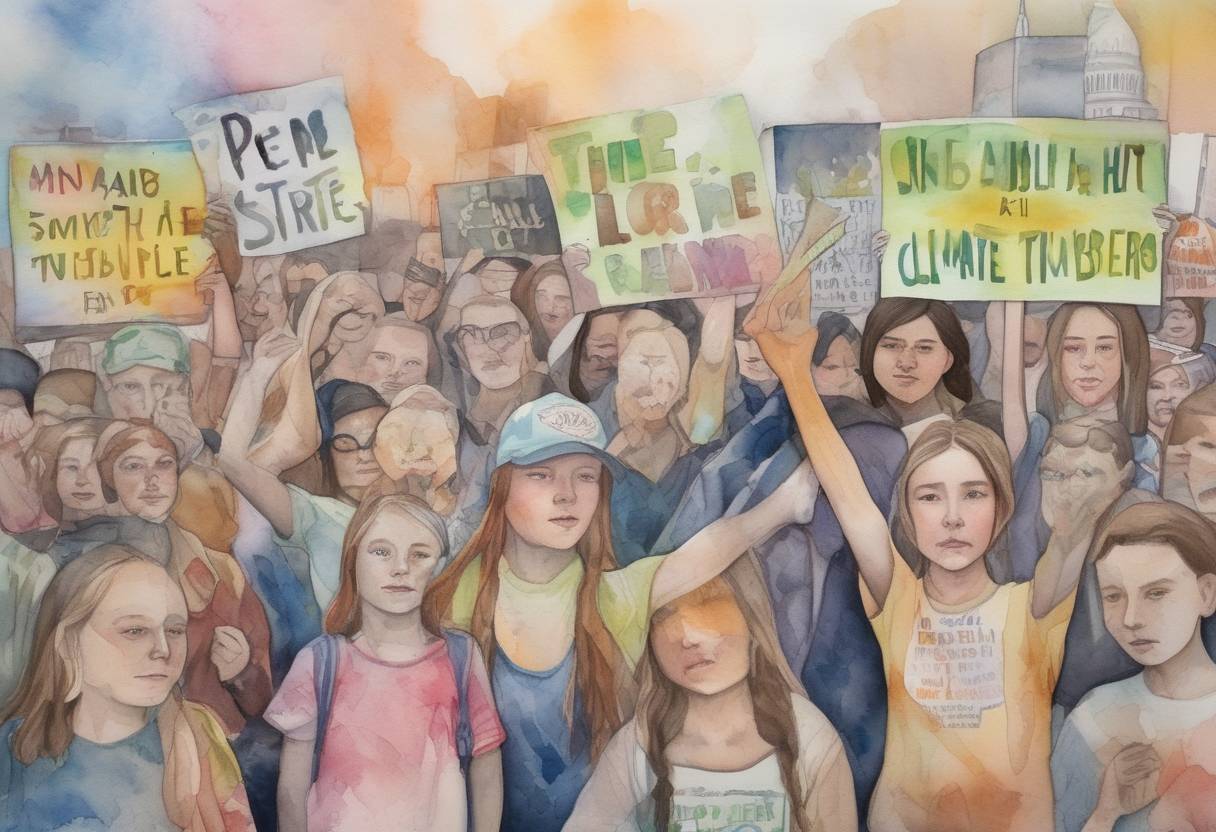 Watercolor painting based depiction of The global climate strike, led by young activists including Greta Thunberg, took place, with millions of people participating worldwide to demand action on climate change. (2019)
