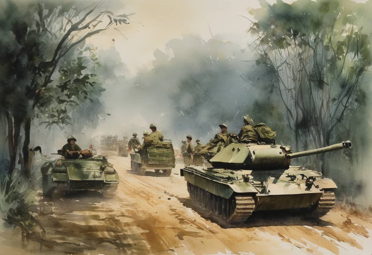 Watercolor painting based depiction of South Vietnamese forces abandon Tien Phuoc in Vietnam during the Vietnam War. (1971)