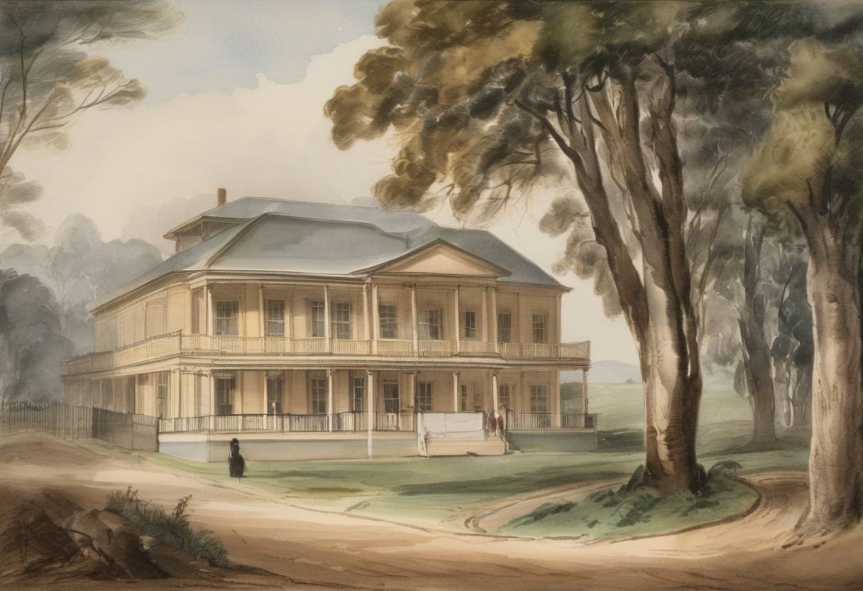 Watercolor painting based depiction of The New Model Institute of Fellenberg for Teachers and Schoolmistresses was opened in Sydney, marking a significant development in Australian education. (1842)