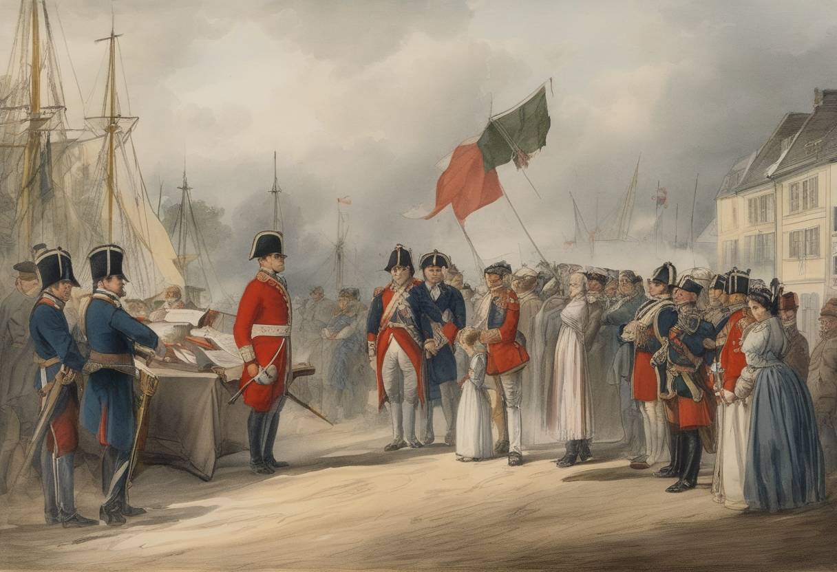 Watercolor painting based depiction of The Treaty of Fredrikshamn is signed, ending the Finnish War and marking the cession of Finland from Sweden to the Russian Empire. (1809)