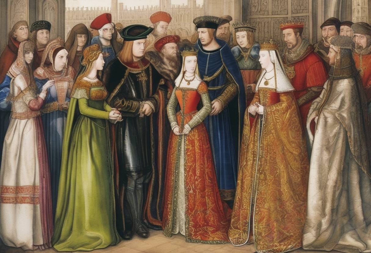 Watercolor painting based depiction of The first marriage by proxy of Katherine of Aragon and Prince Arthur of England took place. This was an essential step in securing the political alliance between England and Spain. (1501)
