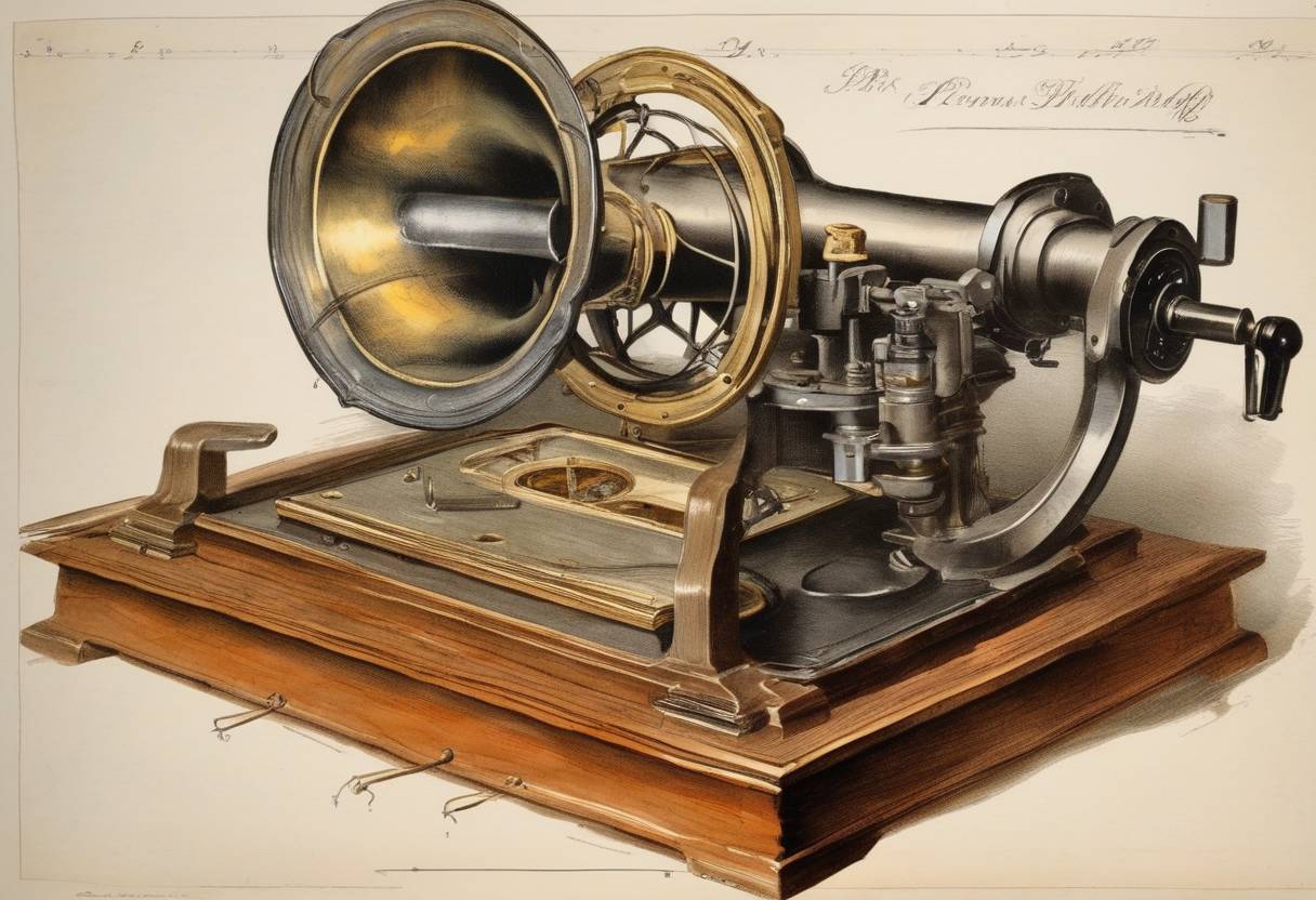 Watercolor painting based depiction of Thomas Edison filed a patent for the Optical Phonograph (the first patented movies). (1888)
