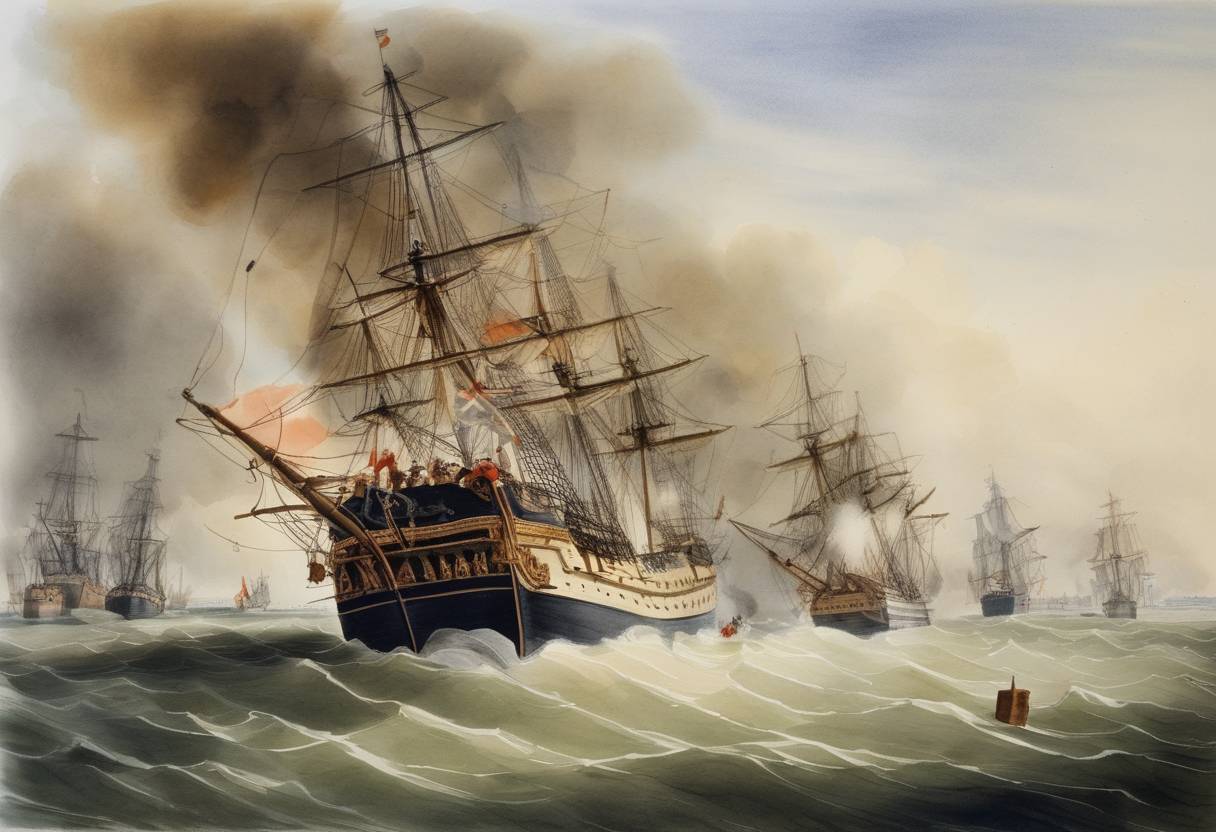 Watercolor painting based depiction of The British Royal Navy achieved a decisive victory over the Dutch fleet at the Battle of Camperdown. This naval engagement was part of the French Revolutionary Wars and helped to maintain British dominance at sea. (1797)