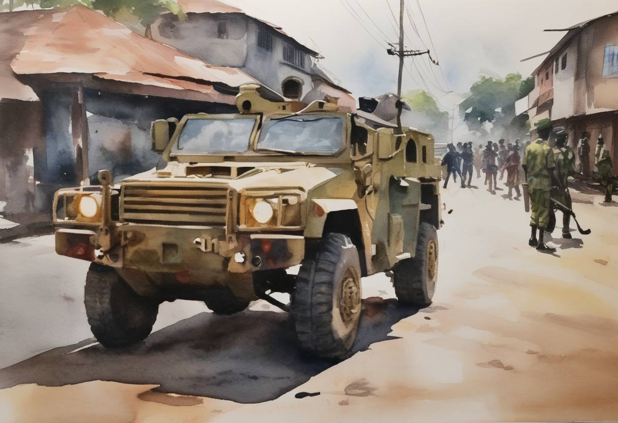 Watercolor painting based depiction of In Guinea, a military coup was attempted against President Alpha Condé's government. The coup was ultimately successful, leading to the detention of President Condé by the military, which was a significant shift in the political landscape of the country. (2021)