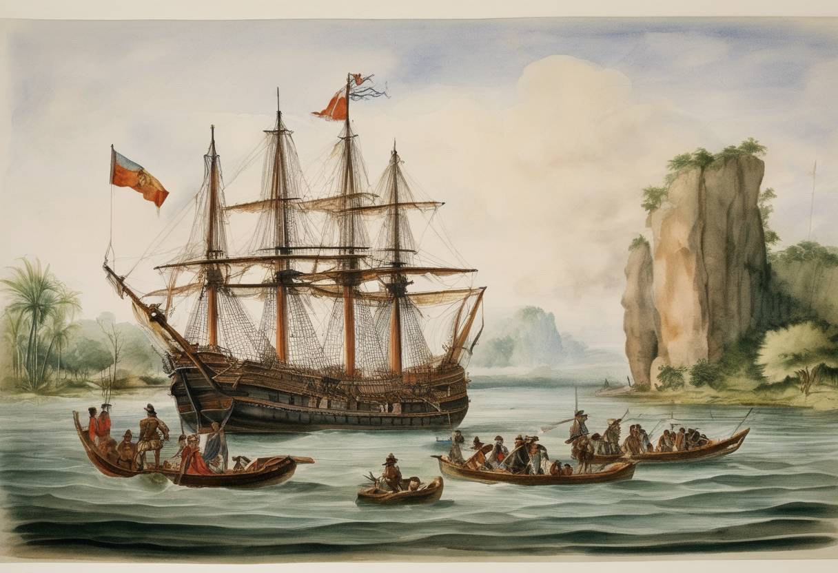 Watercolor painting based depiction of Spanish explorer Hernando de Soto's expedition into the interior of North America reaches present-day Alabama, resulting in the Battle of Mabila. (1540)
