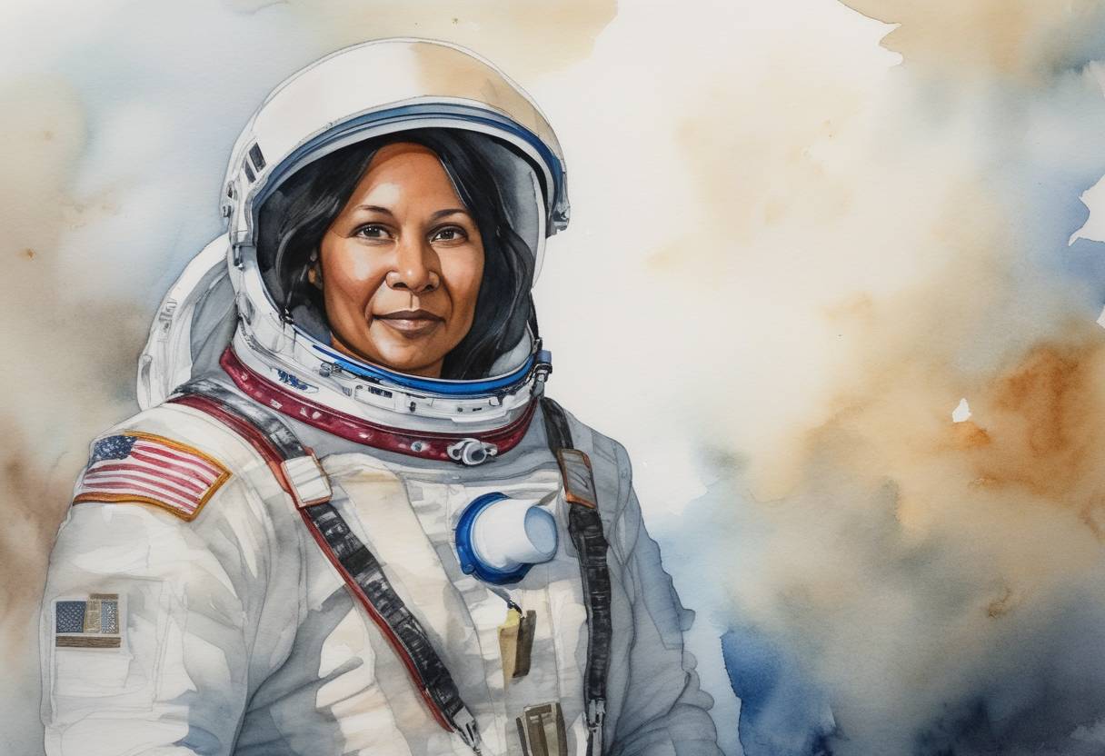 Watercolor painting based depiction of NASA and SpaceX launched the Crew-5 mission to the International Space Station, featuring the first Native American woman, Nicole Aunapu Mann, as mission commander. (2022)