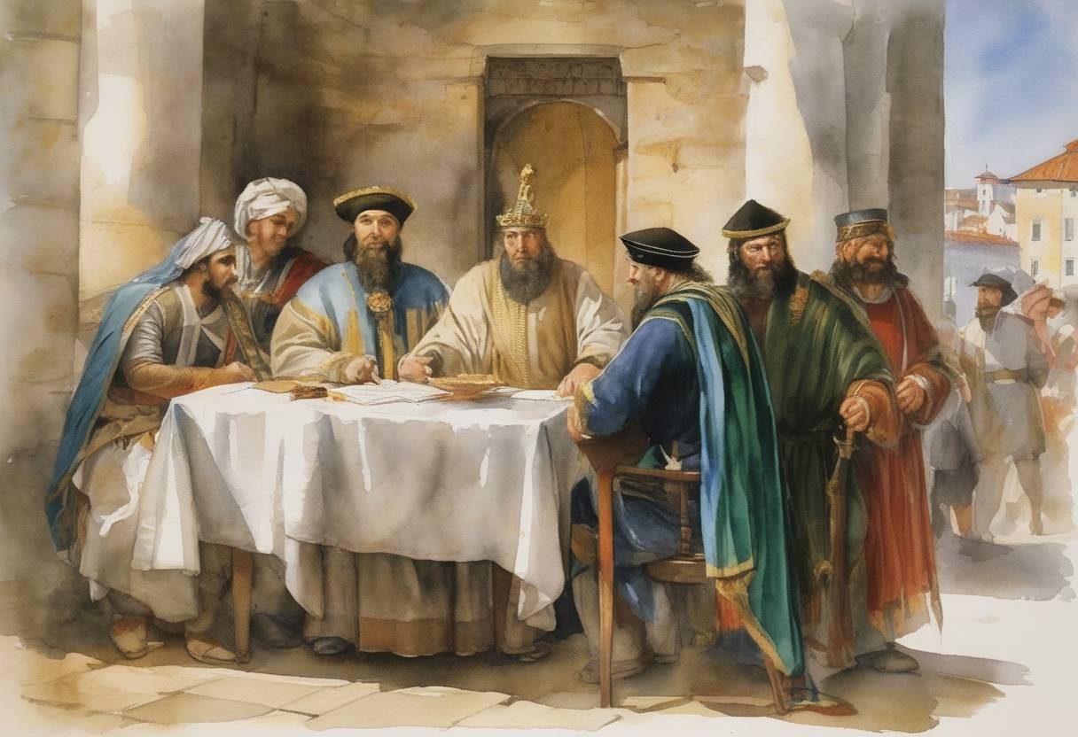Watercolor painting based depiction of The peace treaty known as the Treaty of Zadar was signed, putting an end to the war between Venice and Hungary. This treaty required Venice to restore Dalmatia to Hungary. (1357)