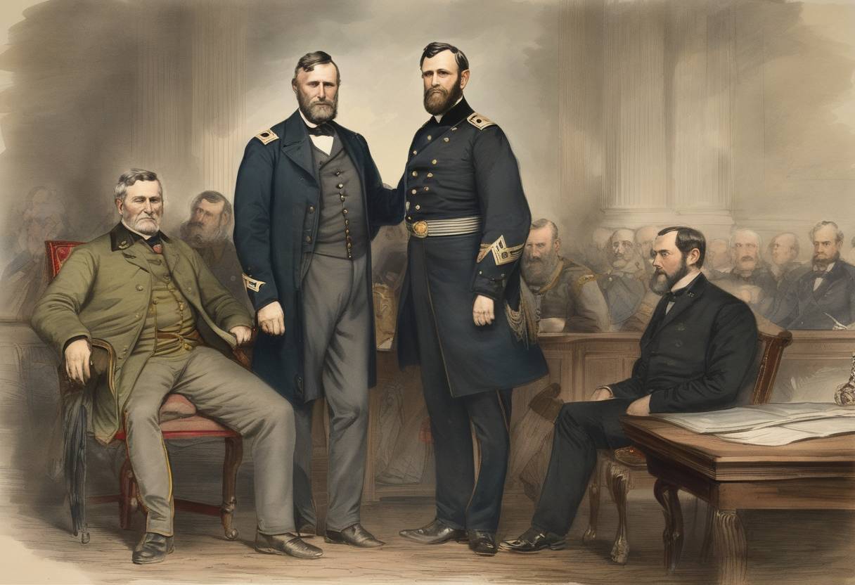 Watercolor painting based depiction of The United States Congress established the rank of General of the Army for Ulysses S. Grant, making him the first person to hold this title in the United States. (1866)
