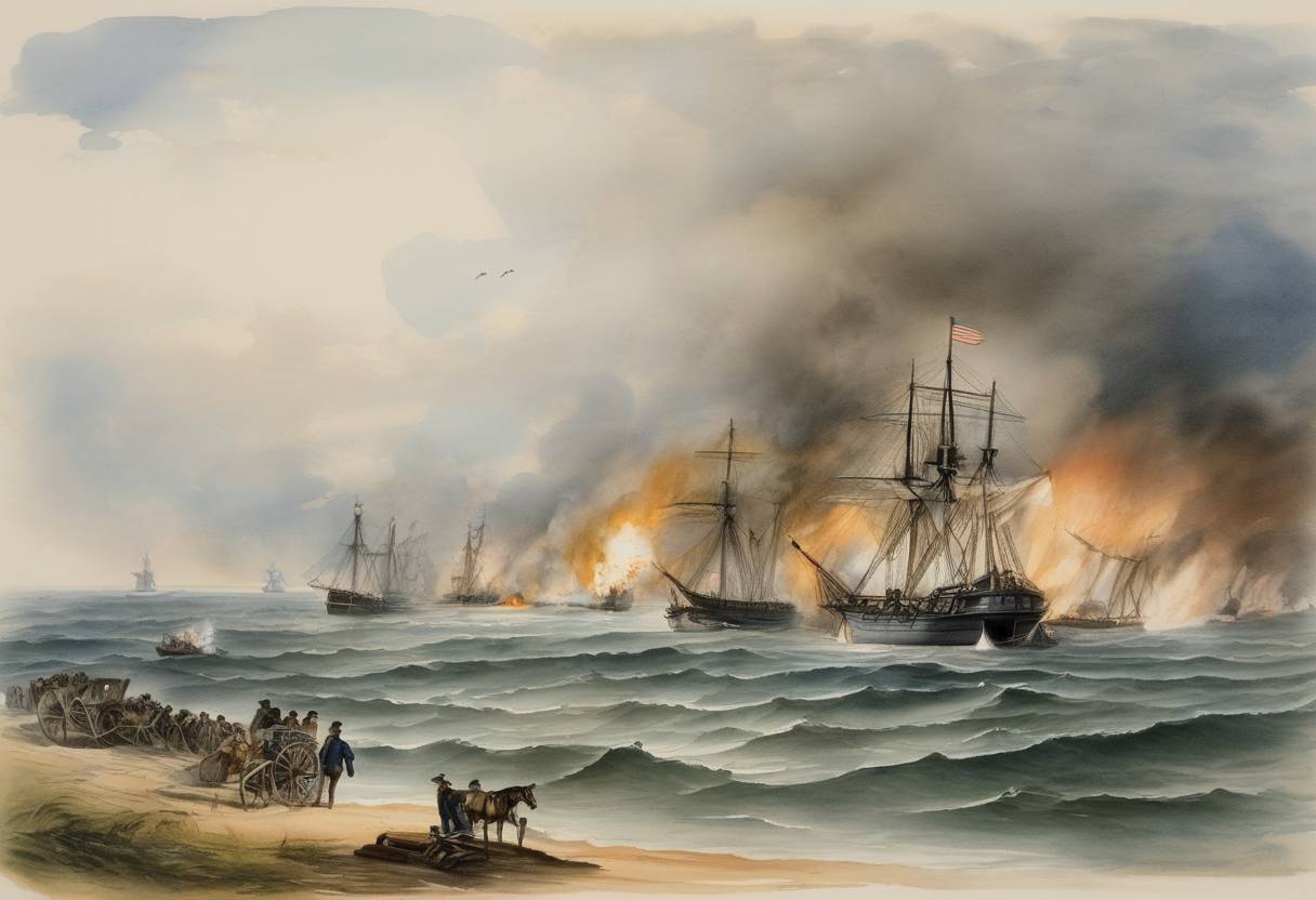 Watercolor painting based depiction of Union forces attacked Cape Hatteras, North Carolina, in the first combined operation of the United States Army and Navy in the American Civil War. (1861)