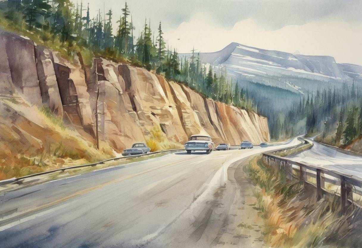 Watercolor painting based depiction of The Trans-Canada Highway, the world's second-longest national highway, is officially opened. (1962)