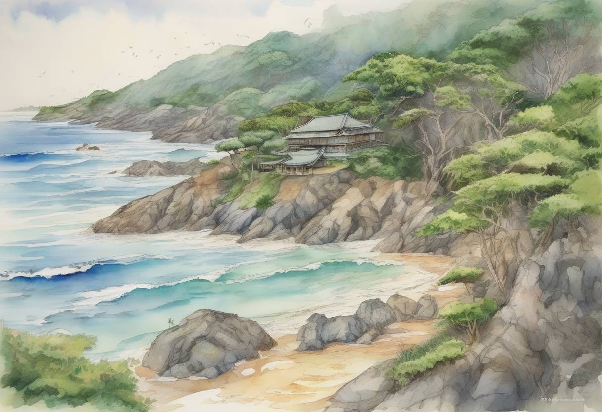 Watercolor painting based depiction of A 7.0 magnitude earthquake struck the Ryukyu Islands in Japan, causing a tsunami warning but resulting in no significant damage or casualties. (2010)